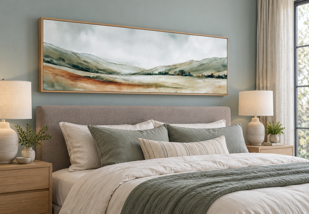 Panoramic green landscape canvas print in a light wood frame above a bed in a sage green bedroom.