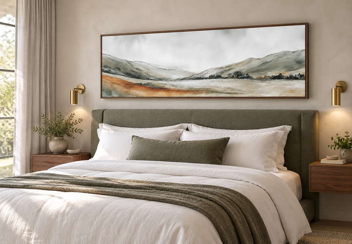 Panoramic green landscape canvas print with sage hills and ochre tones in a walnut frame.