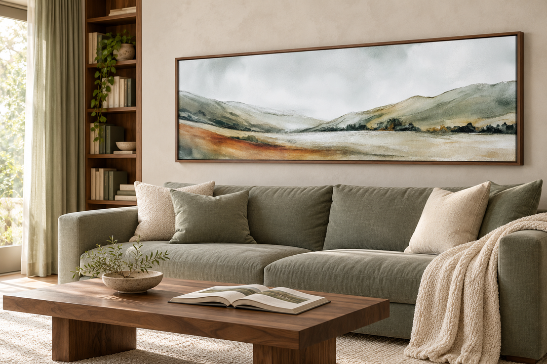 Panoramic green landscape wall art in a walnut frame above a sage sofa in a minimalist living room.