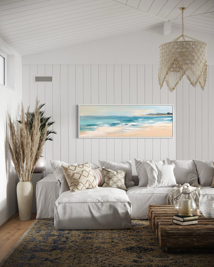 Calm Ocean Beach Panoramic Coastal Framed Canvas Wall Art