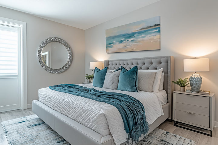 Panoramic coastal canvas wall art featuring a calm ocean beach scene above a tufted grey bed.