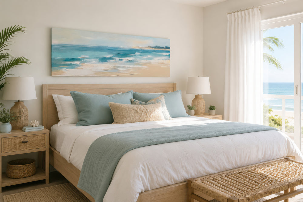 Panoramic coastal canvas wall art of a calm ocean beach hanging over a light wood bed.