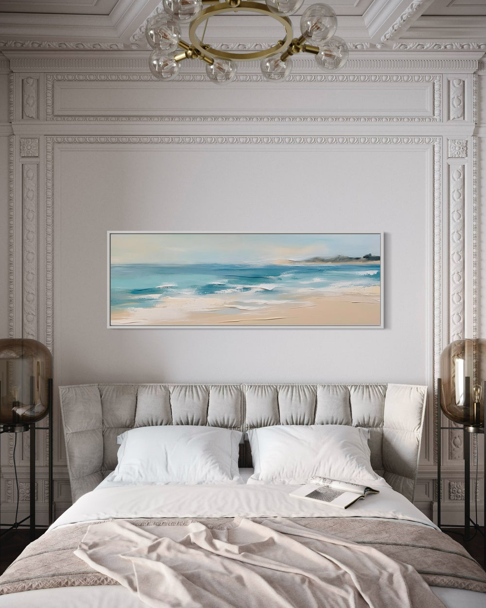 Calm Ocean Beach Panoramic Coastal Framed Canvas Wall Art