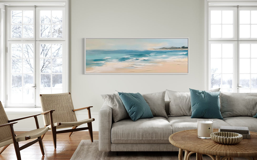 Calm Ocean Beach Panoramic Coastal Framed Canvas Wall Art