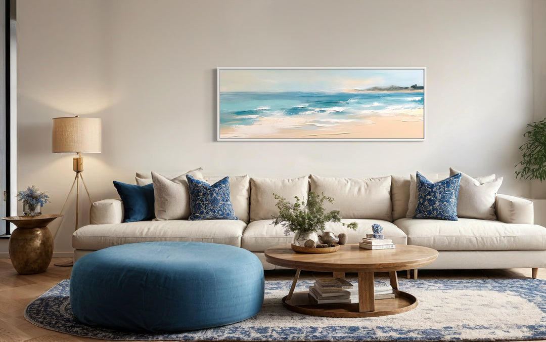 Calm Ocean Beach Panoramic Coastal Framed Canvas Wall Art