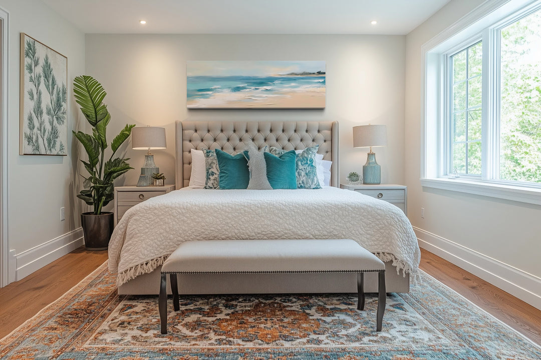 Panoramic coastal canvas wall art of a calm ocean beach hanging above a tufted bed headboard.