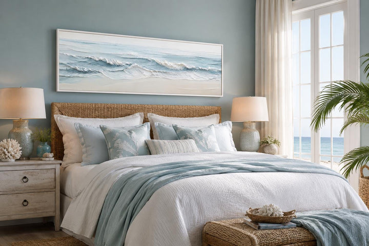 Wide horizontal canvas art of soft blue ocean waves on a sandy beach above a coastal bed.