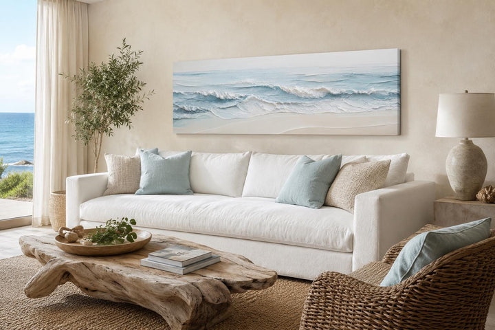 Wide horizontal canvas print of calm blue ocean waves on a sandy beach above a white sofa.