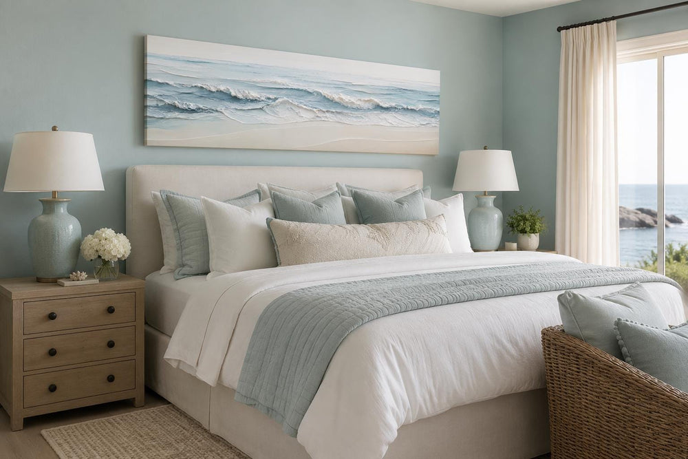Calm ocean waves canvas wall art in blue and cream tones hanging above a bed in a coastal bedroom.