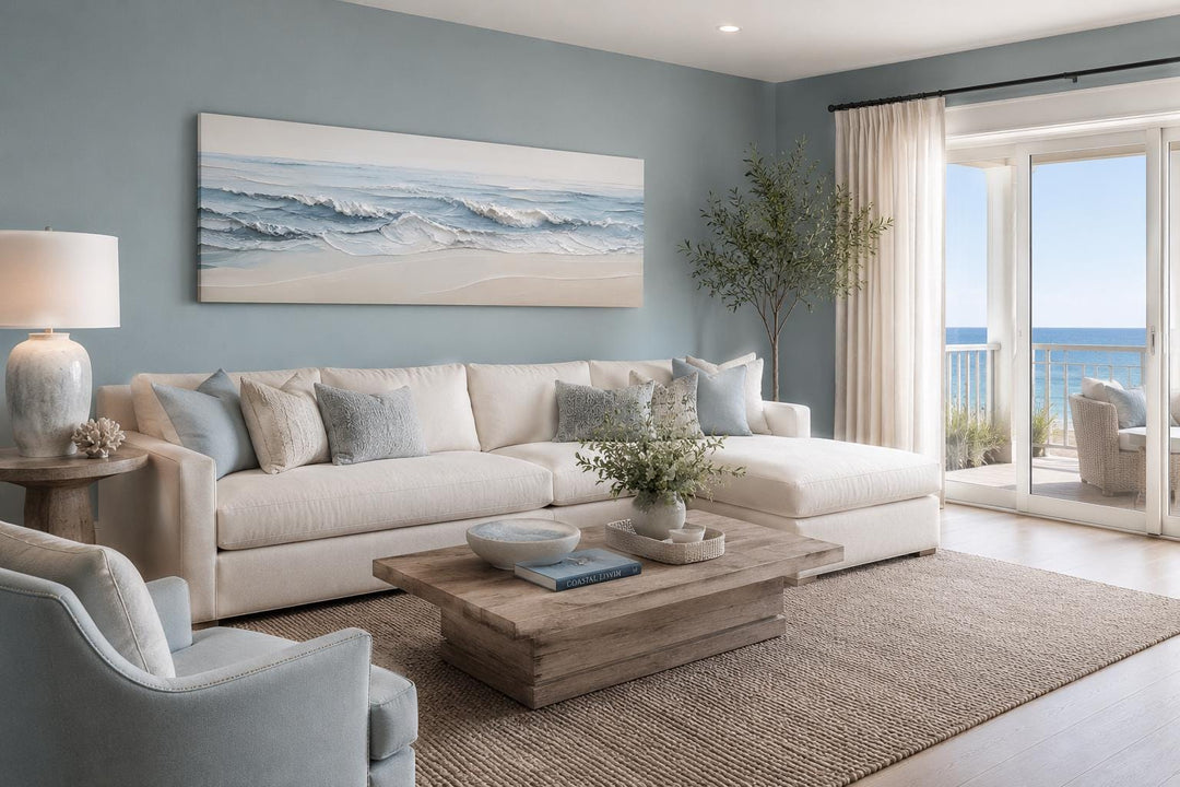 Wide canvas wall art of calm ocean waves in blue and cream tones above a white sectional sofa.
