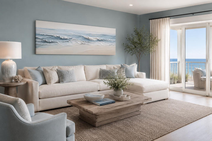 Wide canvas wall art of calm ocean waves in blue and cream tones above a white sectional sofa.