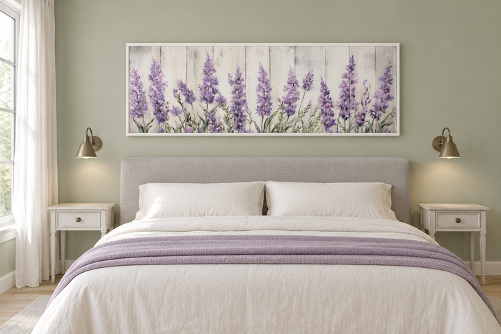 Horizontal framed canvas wall art of purple lavender wildflowers above a bed in a sage green room.
