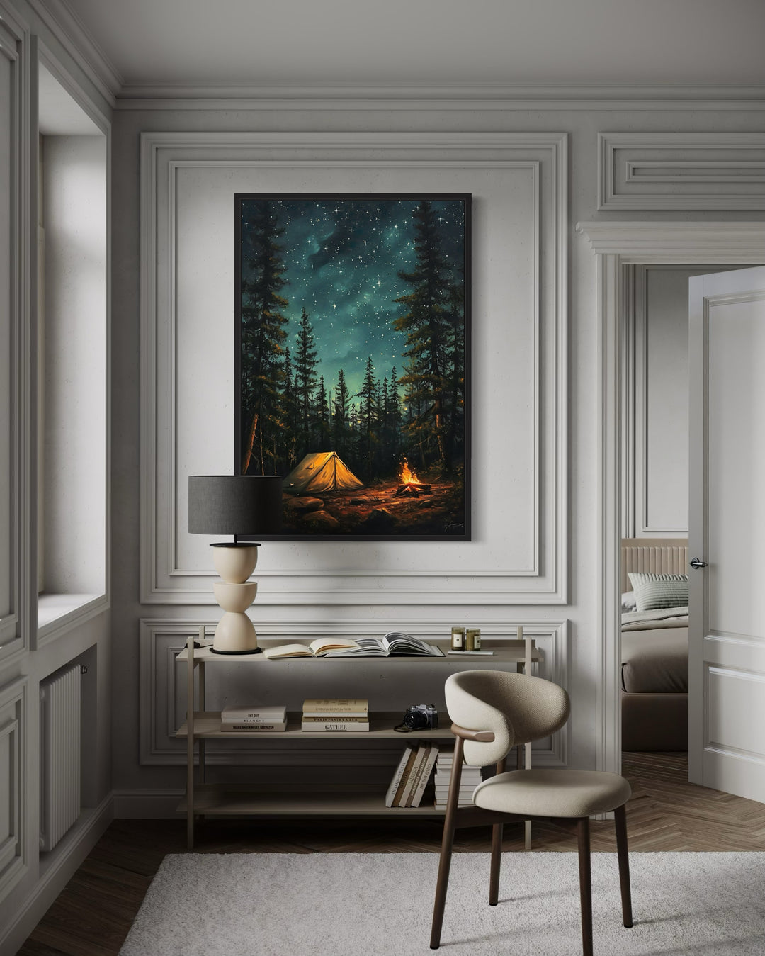 Framed canvas wall art of a glowing campfire and tent in a pine forest under a starry night sky.