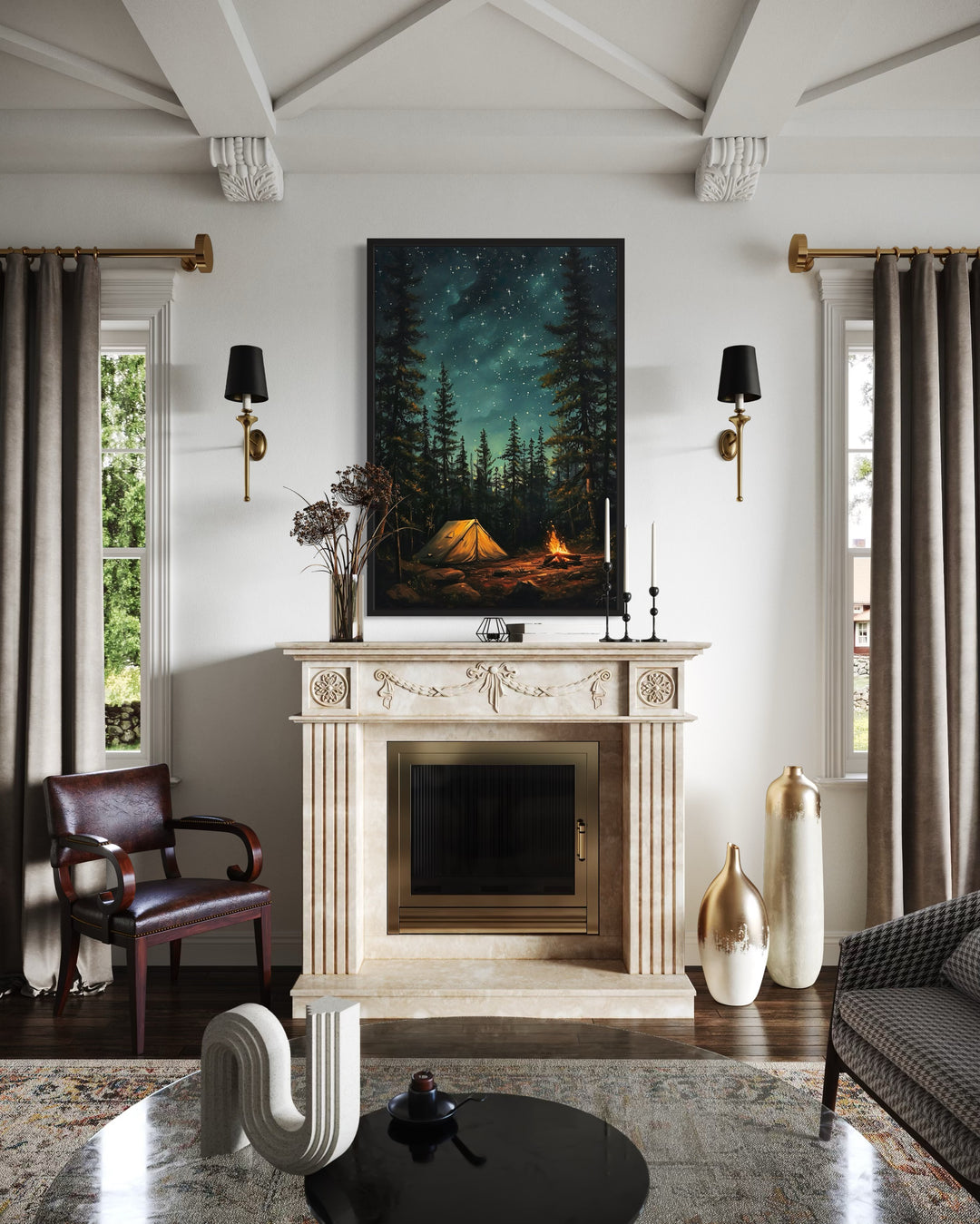 Vertical canvas art of a glowing tent and campfire in a starry pine forest above a fireplace.