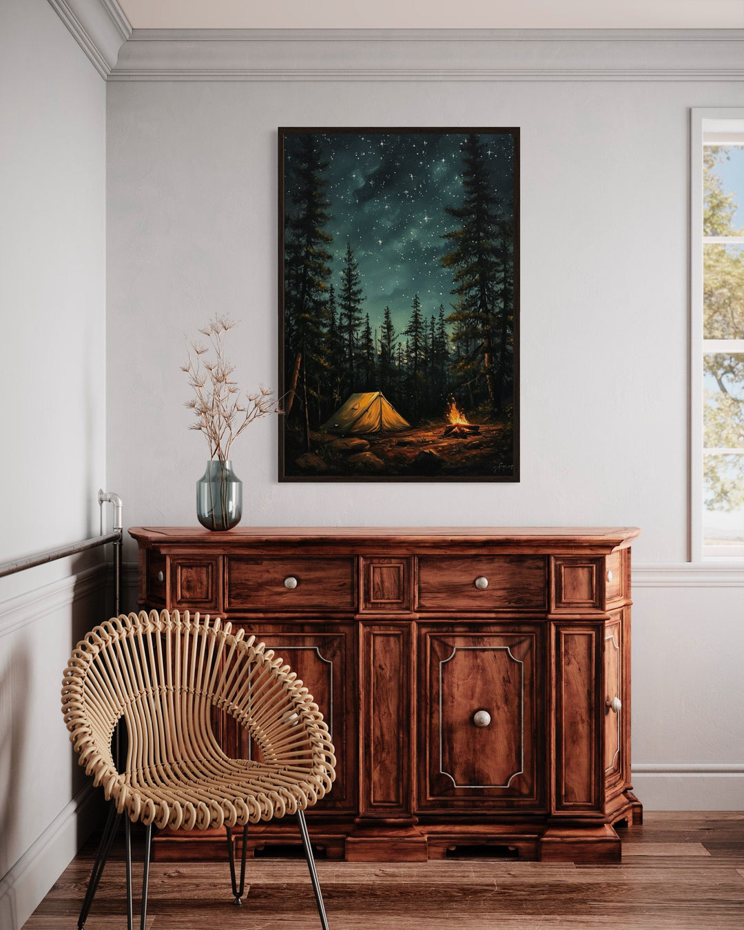 Framed canvas art of a glowing campfire and tent in a pine forest under a starry night sky.