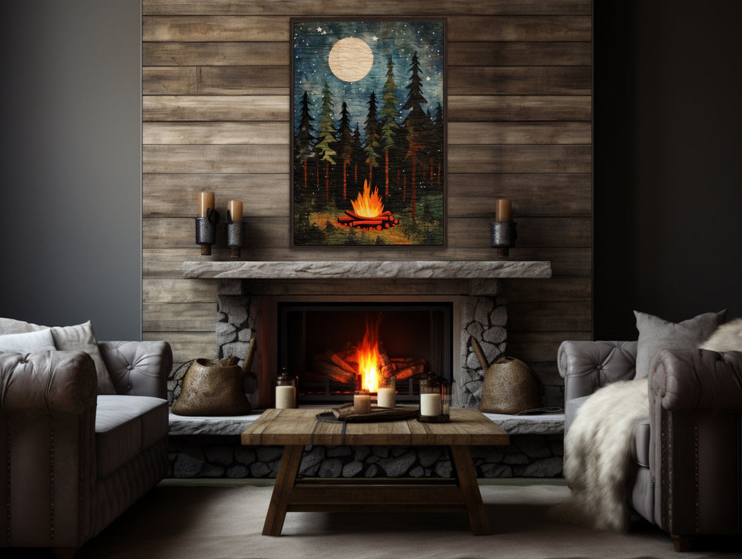 Campfire At Night, Cozy Cabin Over Mantel Framed Canvas Wall Art