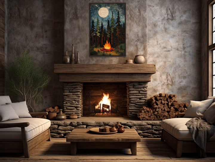 Campfire At Night, Cozy Cabin Over Mantel Framed Canvas Wall Art