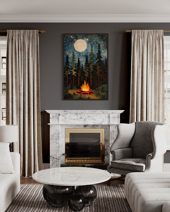 Campfire At Night, Cozy Cabin Over Mantel Framed Canvas Wall Art