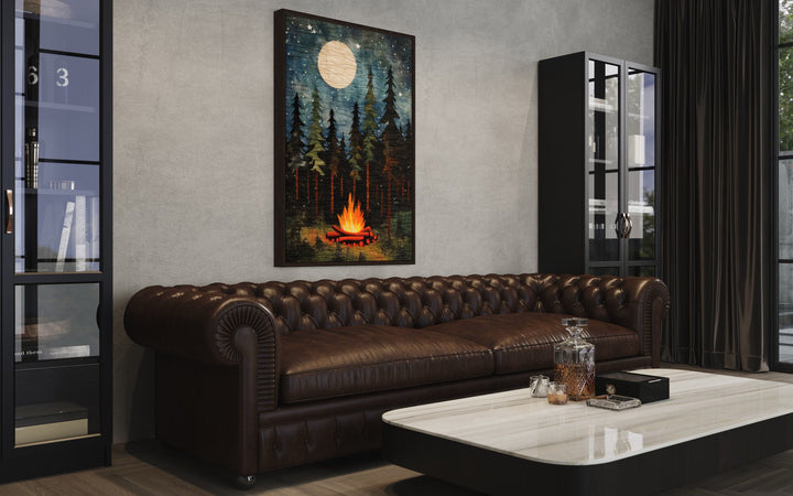 Campfire At Night, Cozy Cabin Over Mantel Framed Canvas Wall Art