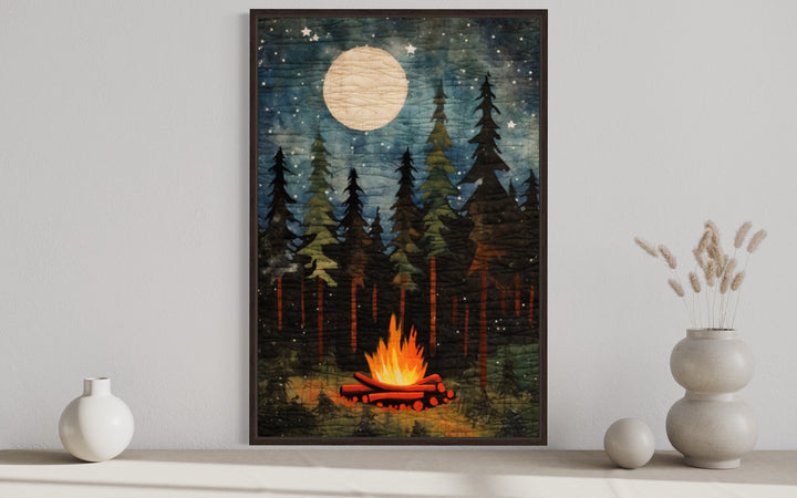 Campfire At Night, Cozy Cabin Over Mantel Framed Canvas Wall Art