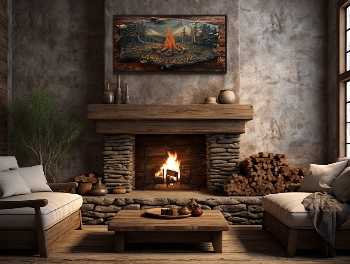 Campfire "Campers Welcome" Sign Over Fireplace Mantel Wall Art