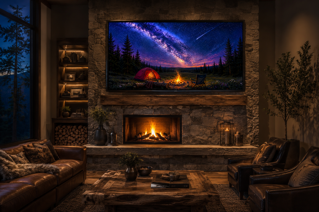 Canvas art of a campfire and tent under the Milky Way and a shooting star in a cozy living room.