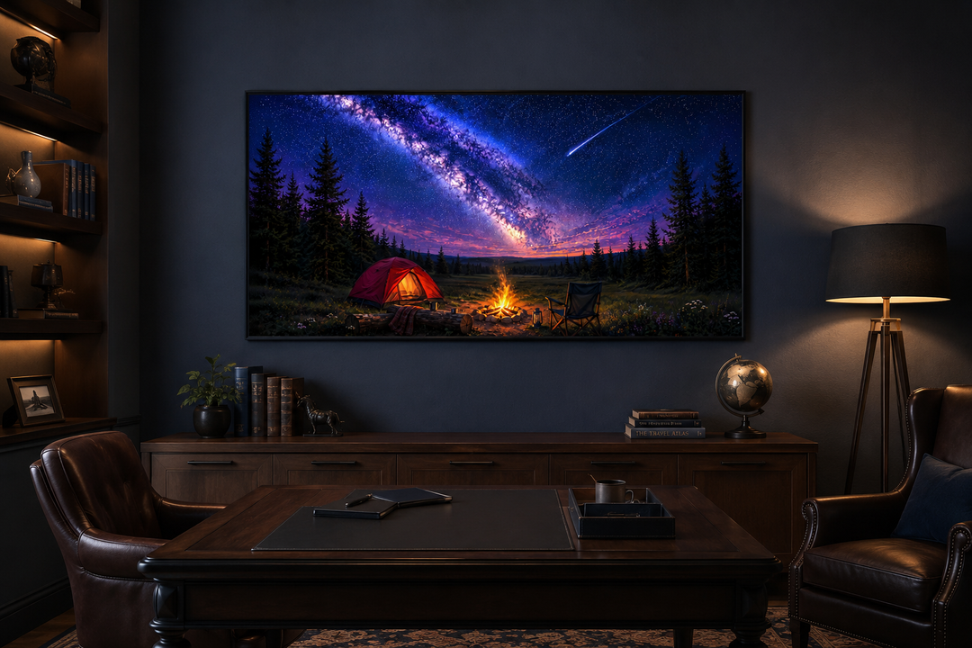 Canvas art of a red tent and campfire under a Milky Way night sky with a shooting star.