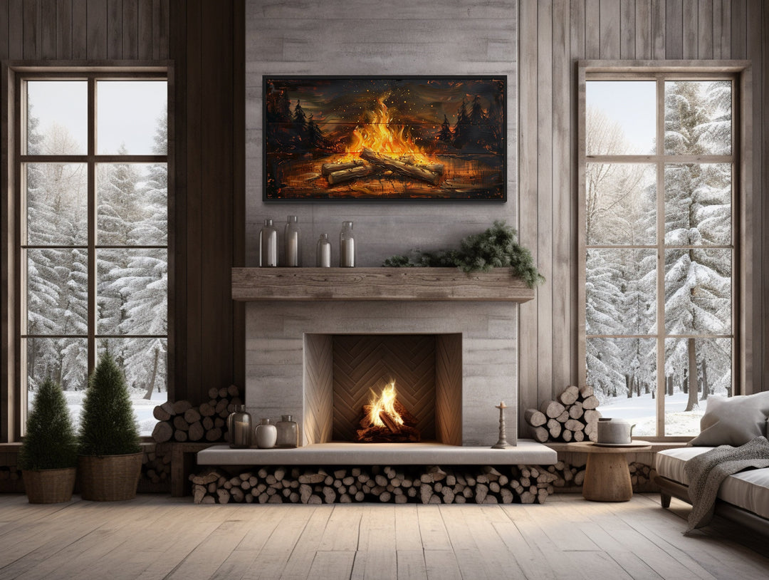 Campfire Wall Art - Rustic Cabin Decor On Distressed Wood For Lodge Style