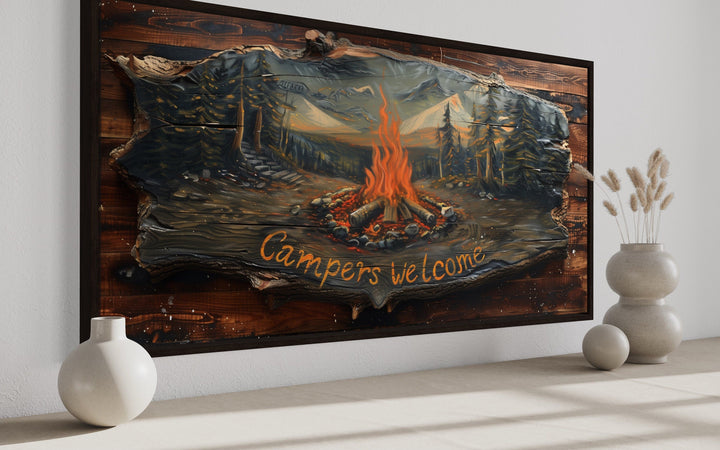 Campfire Wall Art - Rustic Cabin Decor With Wooden Camping Sign & Fireplace Mantel
