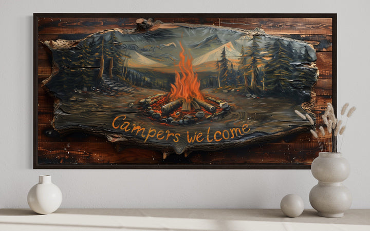 Campfire Wall Art - Rustic Cabin Decor With Wooden Camping Sign & Fireplace Mantel