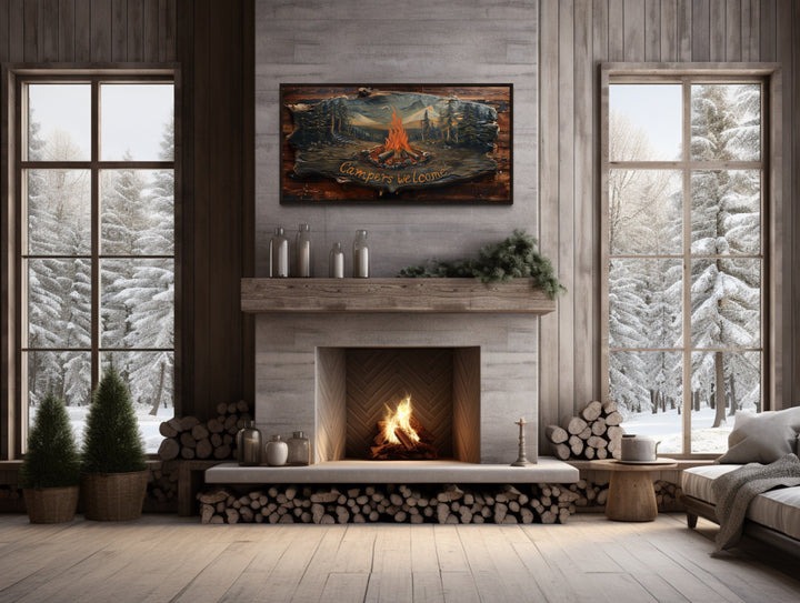 Campfire Wall Art - Rustic Cabin Decor With Wooden Camping Sign & Fireplace Mantel
