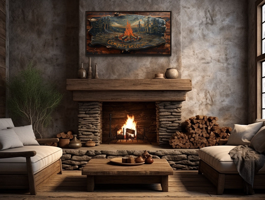 Campfire Wall Art - Rustic Cabin Decor With Wooden Camping Sign & Fireplace Mantel