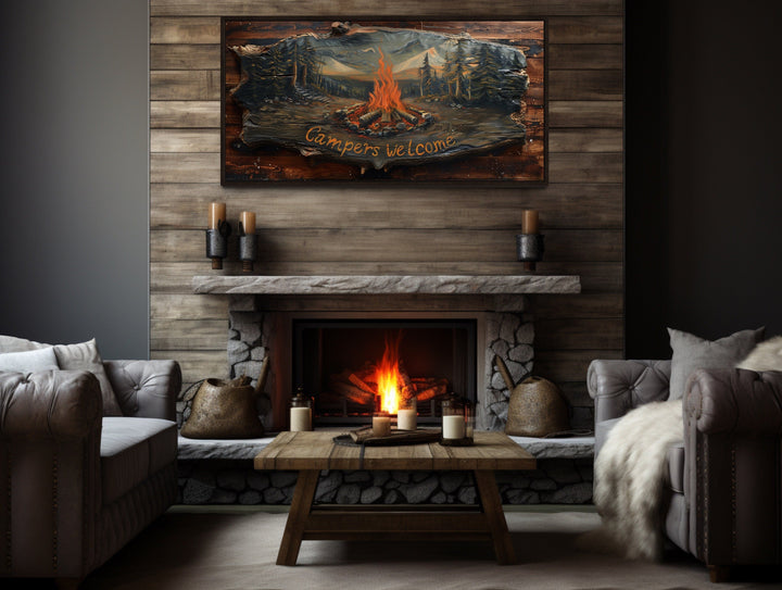 Campfire Wall Art - Rustic Cabin Decor With Wooden Camping Sign & Fireplace Mantel