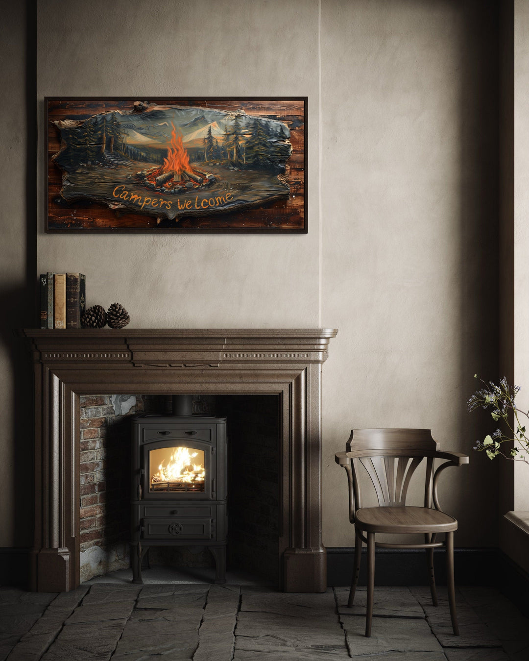 Campfire Wall Art - Rustic Cabin Decor With Wooden Camping Sign & Fireplace Mantel
