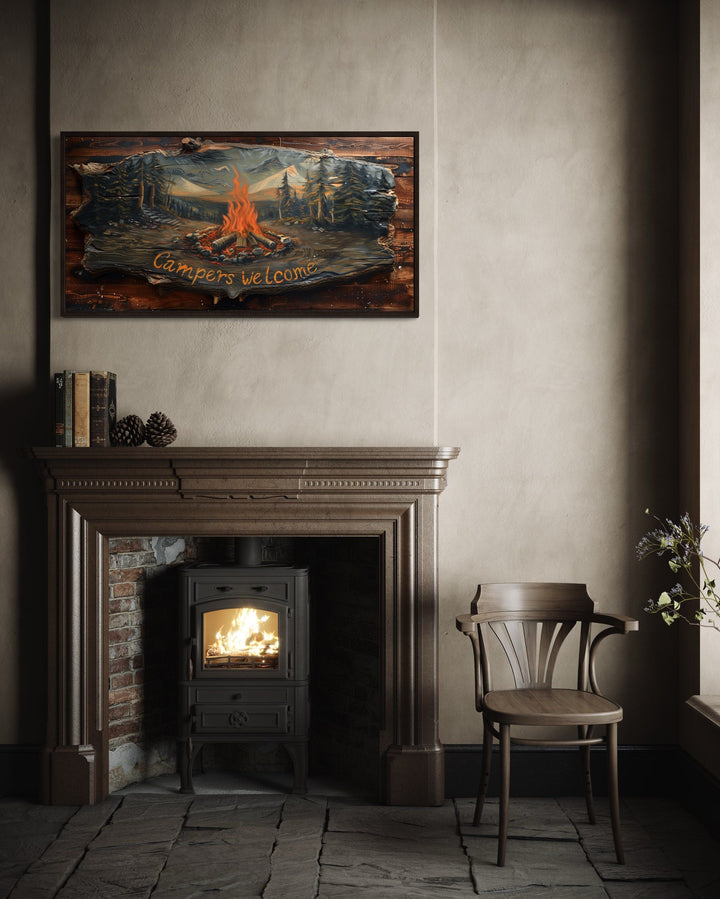 Campfire Wall Art - Rustic Cabin Decor With Wooden Camping Sign & Fireplace Mantel