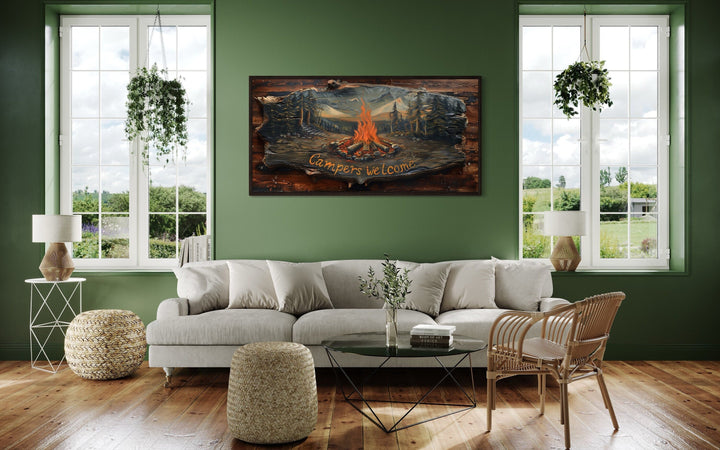 Campfire Wall Art - Rustic Cabin Decor With Wooden Camping Sign & Fireplace Mantel