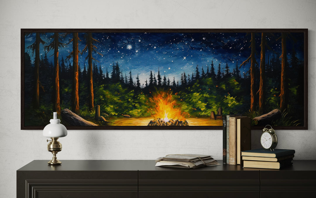 Campfire in The Forest Cozy Cabin Above Mantel Wall Art