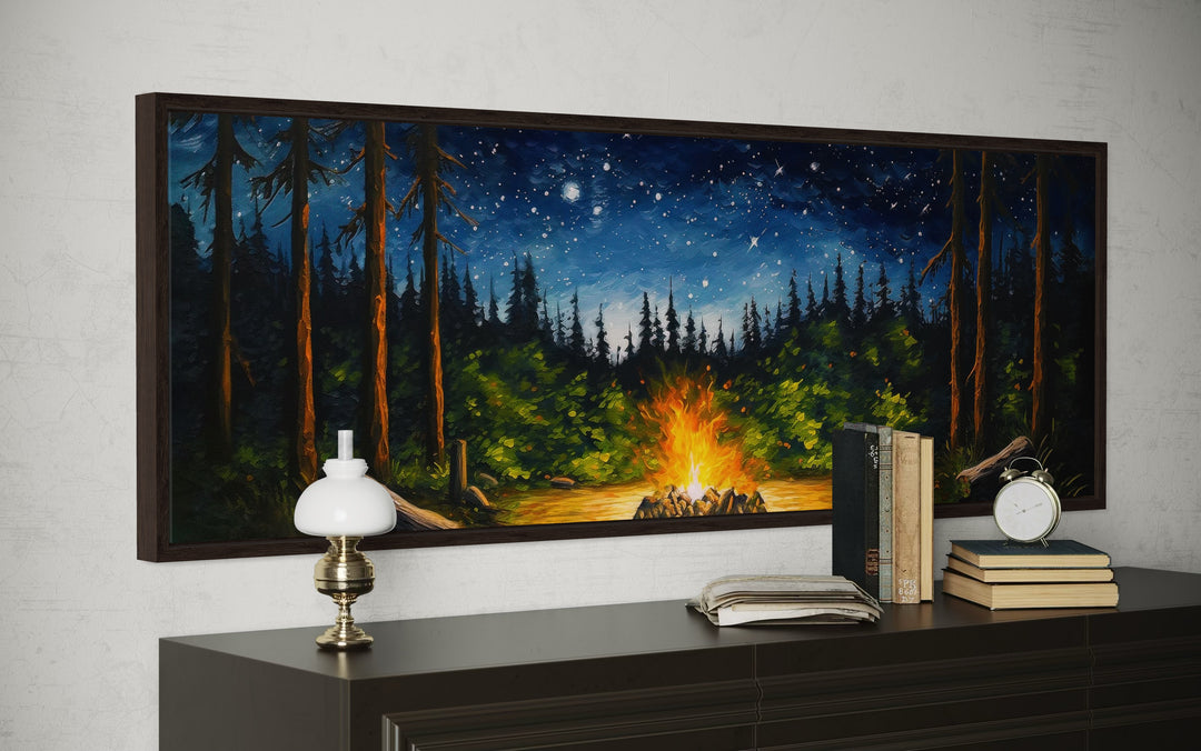 Campfire in The Forest Cozy Cabin Above Mantel Wall Art
