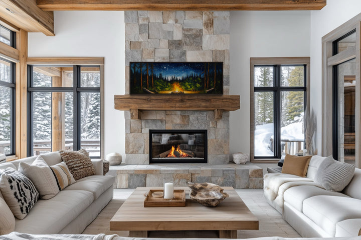 Campfire in The Forest Cozy Cabin Above Mantel Wall Art