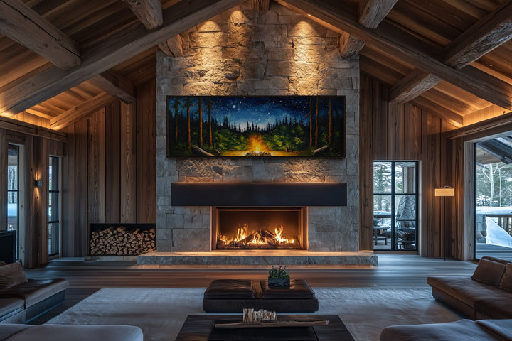 Campfire in The Forest Cozy Cabin Above Mantel Wall Art