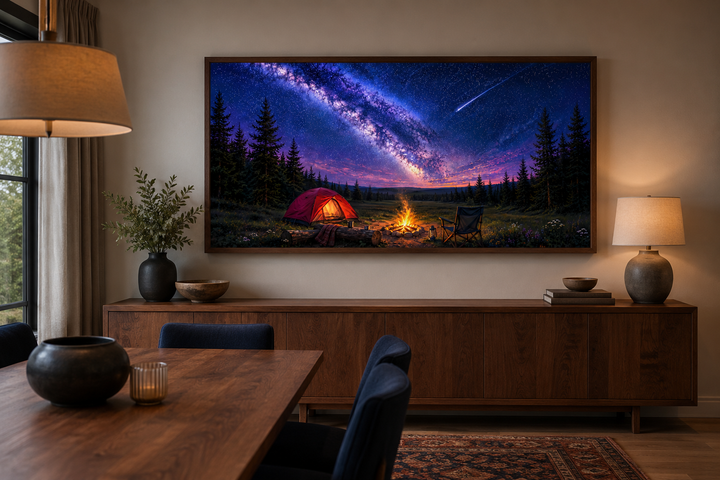 Framed canvas print of a campfire and red tent under a starry Milky Way sky with a shooting star.