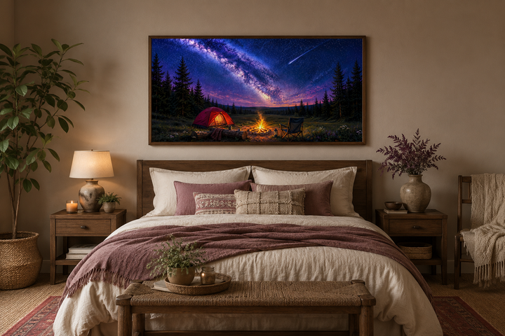 Canvas art of a campfire and tent under a Milky Way night sky with a shooting star over a bedroom.