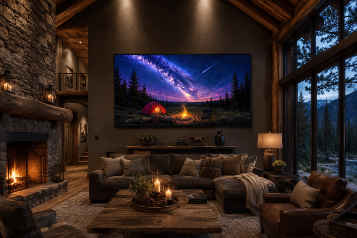 Milky Way canvas art with a campfire and shooting star displayed in a rustic living room.