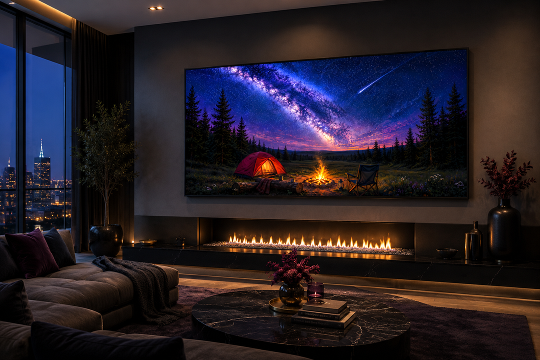 Canvas print of a campfire and tent under a Milky Way night sky with a shooting star.