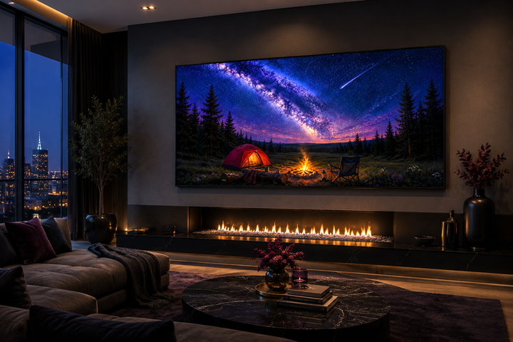 Canvas print of a campfire and tent under a Milky Way night sky with a shooting star.