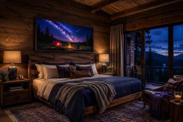 Milky Way and campfire scene canvas painting hanging above a bed in a rustic wooden bedroom.