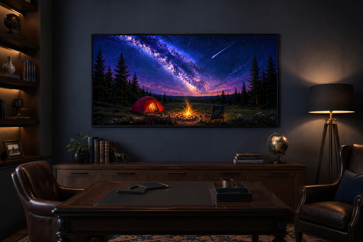 Canvas art of a red tent and campfire under a Milky Way night sky with a shooting star.