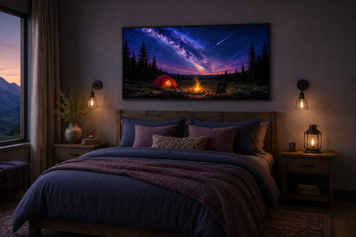 Canvas art of a campfire and tent under the Milky Way and a shooting star above a bedroom bed.