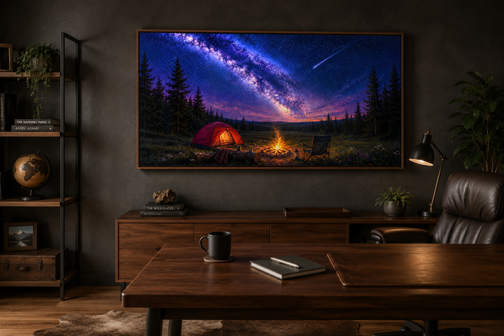 Canvas art of a campfire and red tent under a Milky Way night sky with a shooting star.