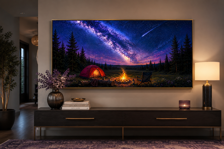 Canvas print of a campfire and tent under a Milky Way night sky with a shooting star.